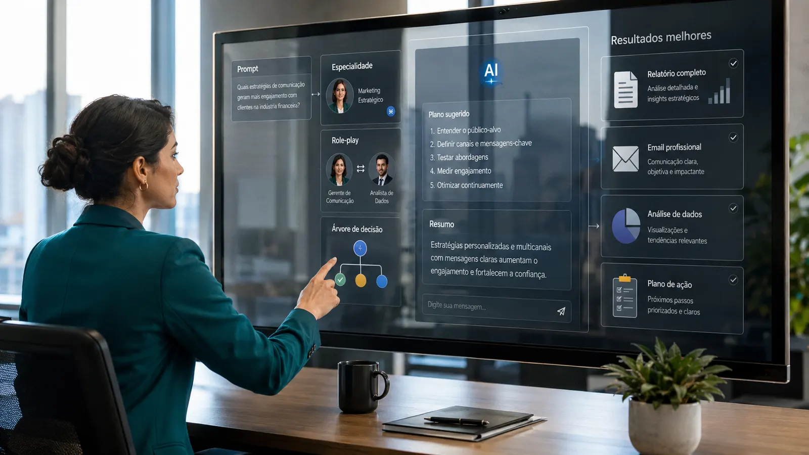 Large screen showing prompt, role-play and decision tree panels of an AI workflow.